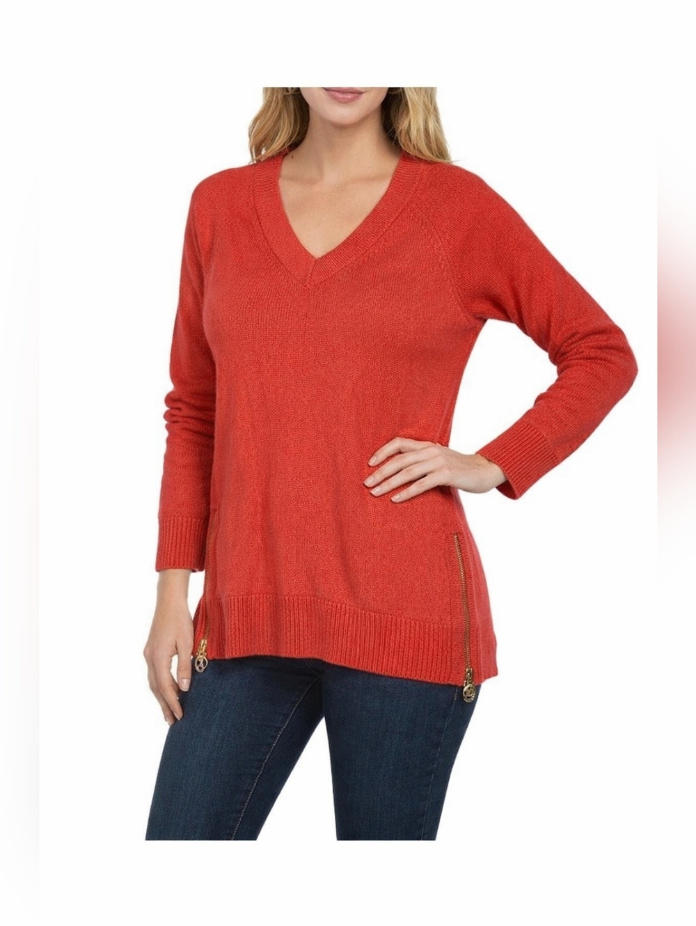Michael Kors Womens V-neck Sweater Size Large Red/Coral Gold Side Zippers Resort
